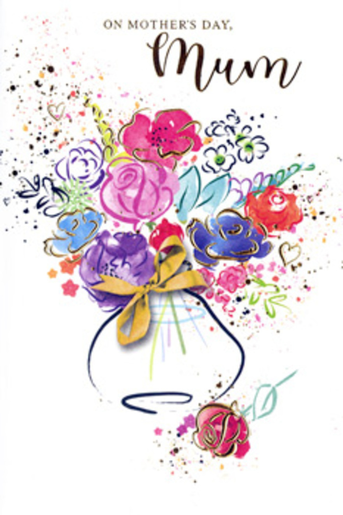 On this expressive Mother's Day card, a painterly bouquet unfolds with the relaxed charm of flowers chosen at a Bermondsey market stall and sketched in the moment. The main blooms are full and generous, rendered in vivid cerise, hot pink, and rich magenta, their forms loosely defined yet unmistakably floral. Deep indigo brushstrokes trace the outer curves of petals and hint at shadows, lending structure while preserving the spontaneity of the watercolour. Around these core flowers, gentle splashes of lavender, periwinkle blue, and warm apricot intermingle, evoking smaller blossoms and leafy touches without precise definition. Here and there, slim strokes of gold glint along petal edges and within the background, suggesting a soft, metallic shimmer similar to shop lights reflecting off fresh glass vases on Bermondsey Street. The bouquet rests inside a stylised vase whose curved shape is painted with subtle, translucent washes, allowing the eye to imagine its smooth surface and cool touch. A narrow golden bow sits neatly tied at the base, visually anchoring the arrangement and evoking the familiar finish of a florist's careful handiwork. Scattered hearts and tiny splatters of colour frame the bouquet, rising like confetti and adding a playful, celebratory energy. The clean white backdrop gives breathing room to each hue and line, so the card feels bright yet uncluttered. Together, these elements create a tender, joyful image that reflects the affection, respect, and gratitude many feel on Mother's Day, much like presenting a thoughtfully chosen bouquet to a loved mum in Bermondsey.