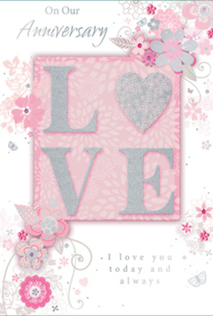 The anniversary card pictured here opens like a gentle moment of reflection, its design as thoughtfully composed as a bouquet prepared by a local florist for a Bermondsey riverside apartment. The main focus is the word LOVE, rendered in a sophisticated font and accented with a frosted glitter finish that catches the light in a subtle, crystalline shimmer. The letters are slightly raised, creating a tactile sensation similar to brushing a thumb over textured ribbon on a bouquet handle. Around this central word, soft, hand-drawn blooms and airy sprays drift along the borders and corners of the card. These flowers appear in shades of pink, lilac, and ivory, their petals and leaves defined by graceful, fine lines that curve and flow like gently arching stems in a vase. Dainty flourishes-slender curls, small leaves, and almost-hidden butterflies-are scattered throughout the design, suggesting the quiet flutter of hearts or the light movement of petals in a Bermondsey courtyard garden. The background maintains a soft, pastel pink base, giving the card a tranquil, sun-washed effect, as if illuminated by calm morning light. Nestled among the floral patterns is the message, I love you today and always, set in a refined, understated type that feels honest and heartfelt, rather than showy. Together, the shimmering letters, airy blossoms, and delicate details transform this card into something more than simple stationery: it becomes a paper bouquet, embodying artistry, gratitude, and enduring affection, perfect for an anniversary shared in the heart of SE1.